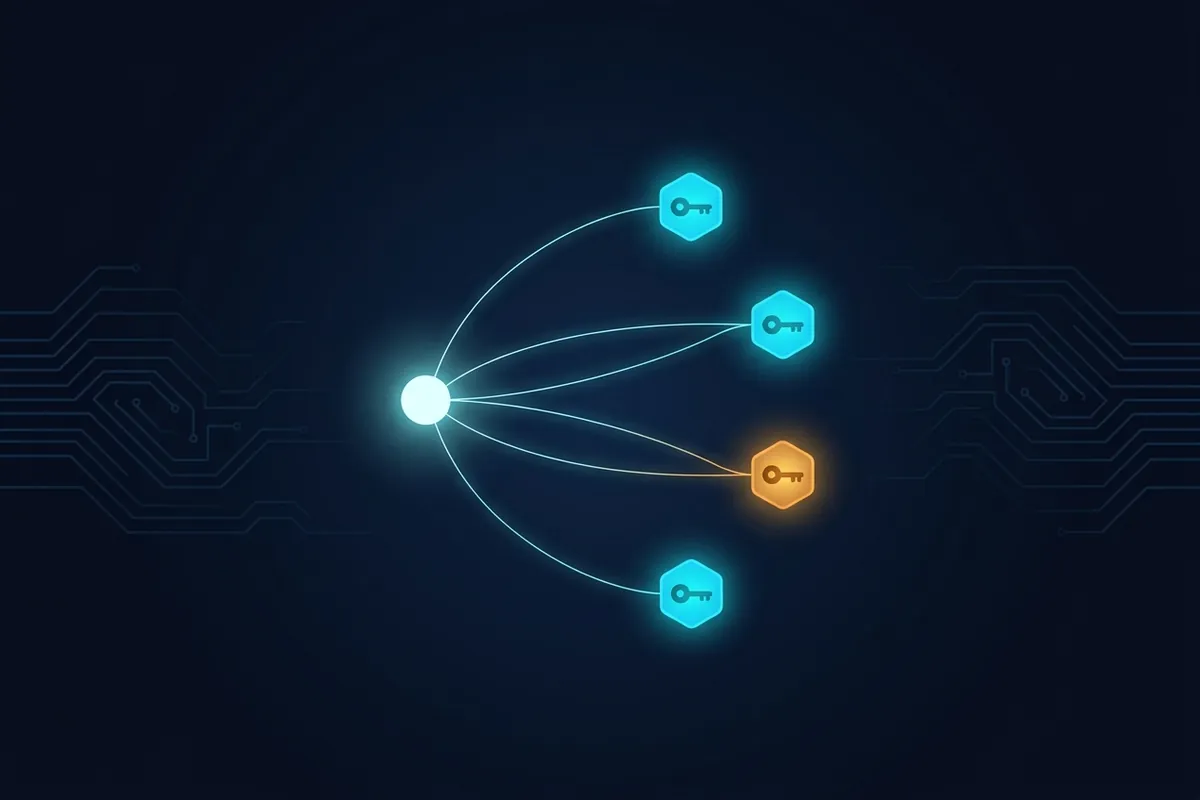 Abstract geometric illustration of a passkey credential being registered against an Entra identity